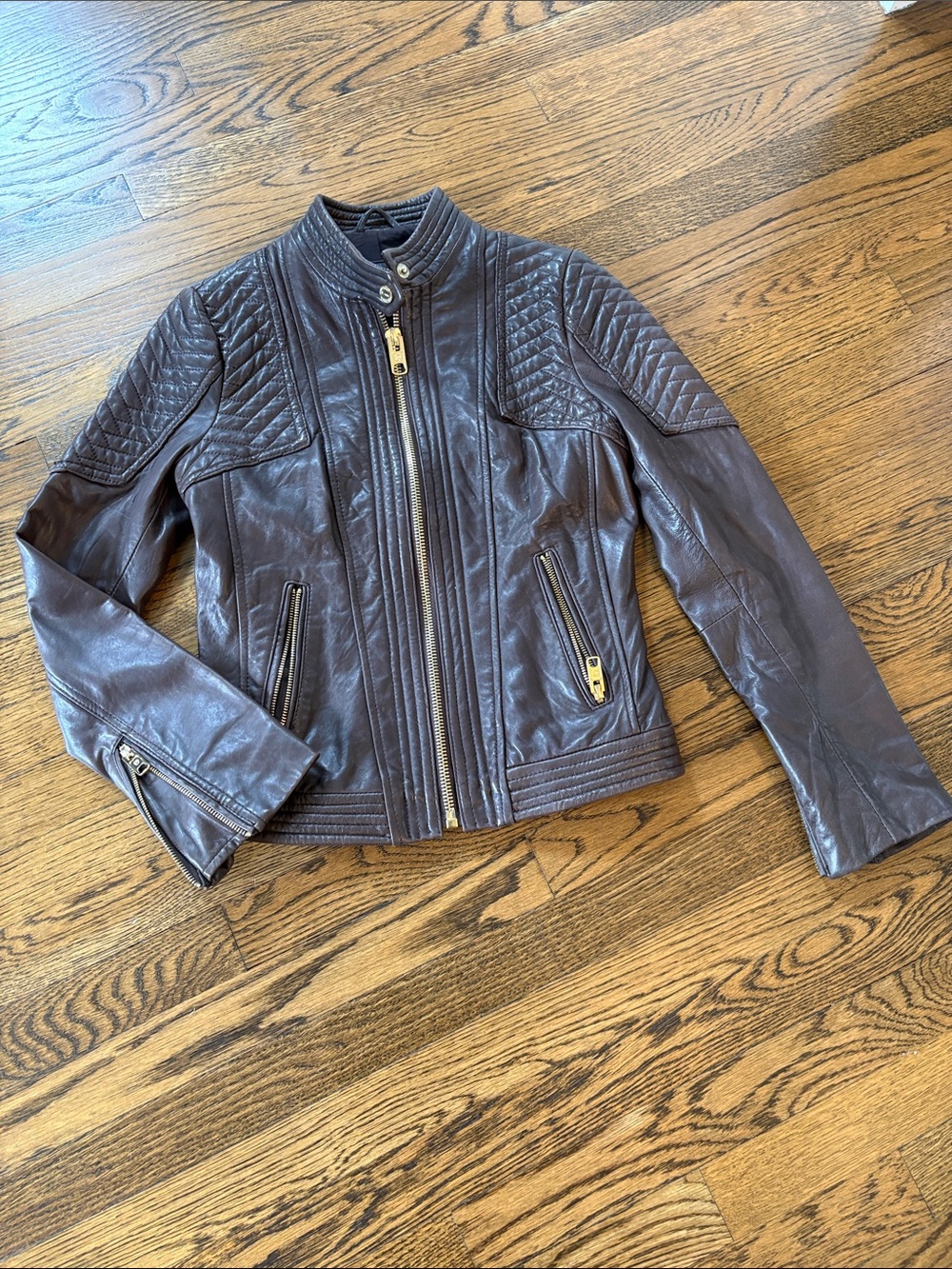 Michael Michael Kors Women’s Brown Quilted 100% Leather Moto Jacket, xS